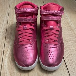 Freestyle Reebok High Top, metallic pink, size 6 women’s sneaker.